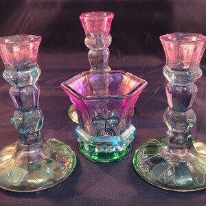 Partylite Mardi Gras Iridescent Tapers and Votive candle holders